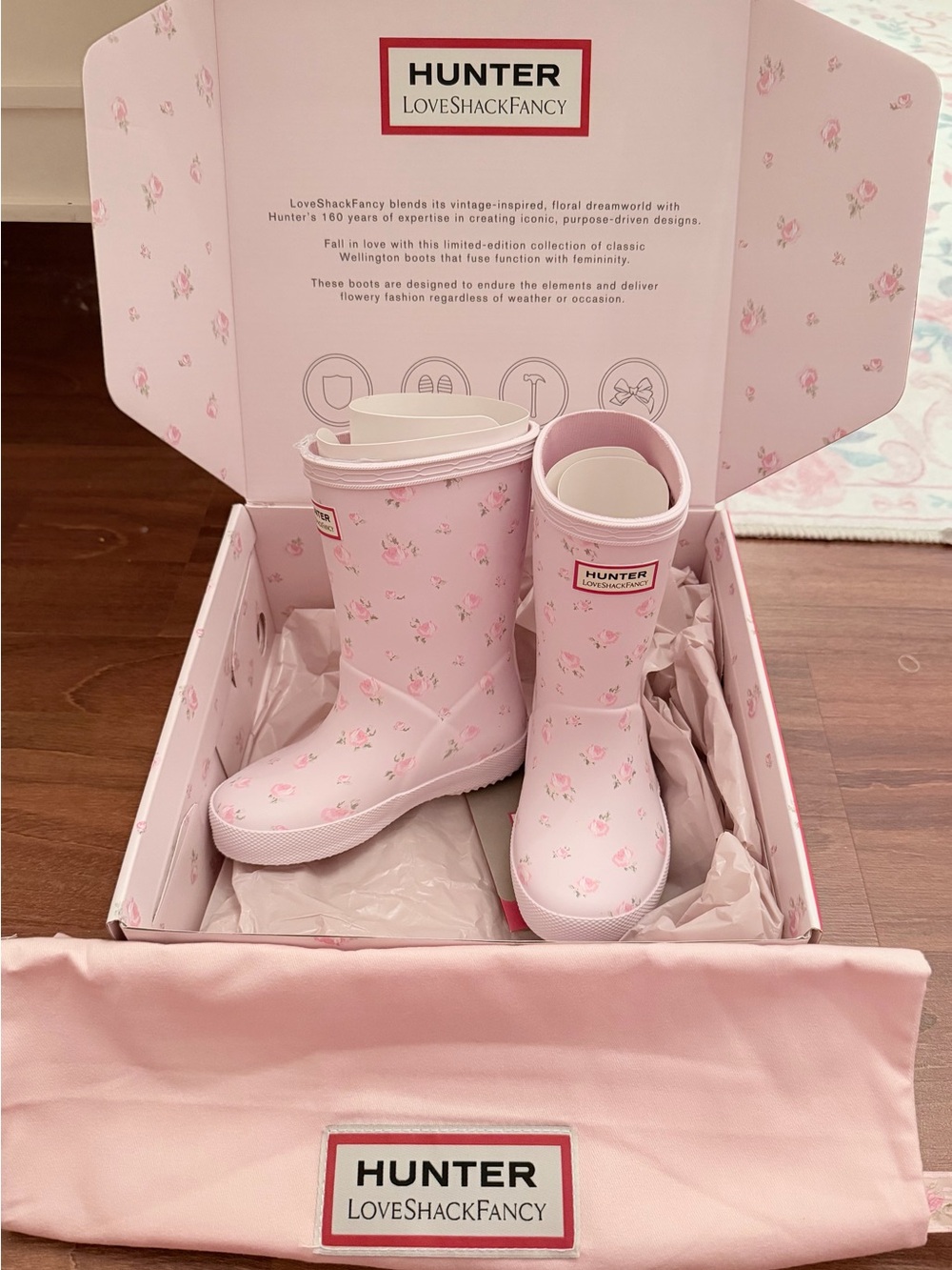 NEW LoveShackFancy Hunter Pink Floral Kids Rain Boots